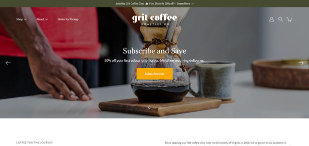 Concept coffee shop website design for Grit Coffee Roasting Co showing pour-over hero and Subscribe and Save CTA