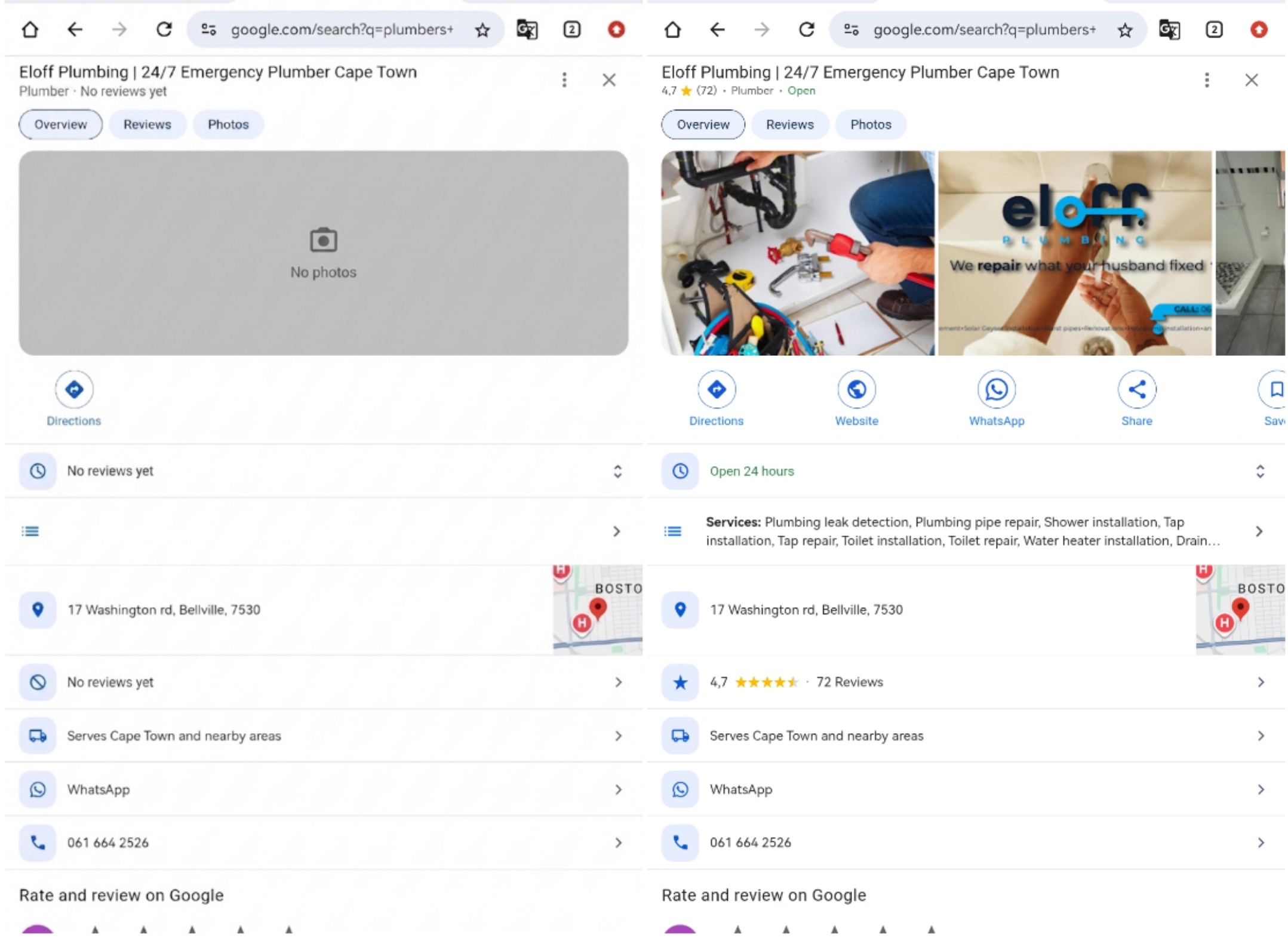 Before and after Google Business Profile for Eloff Plumbing 24/7 emergency plumber Cape Town — 4.7 stars 72 reviews after setup