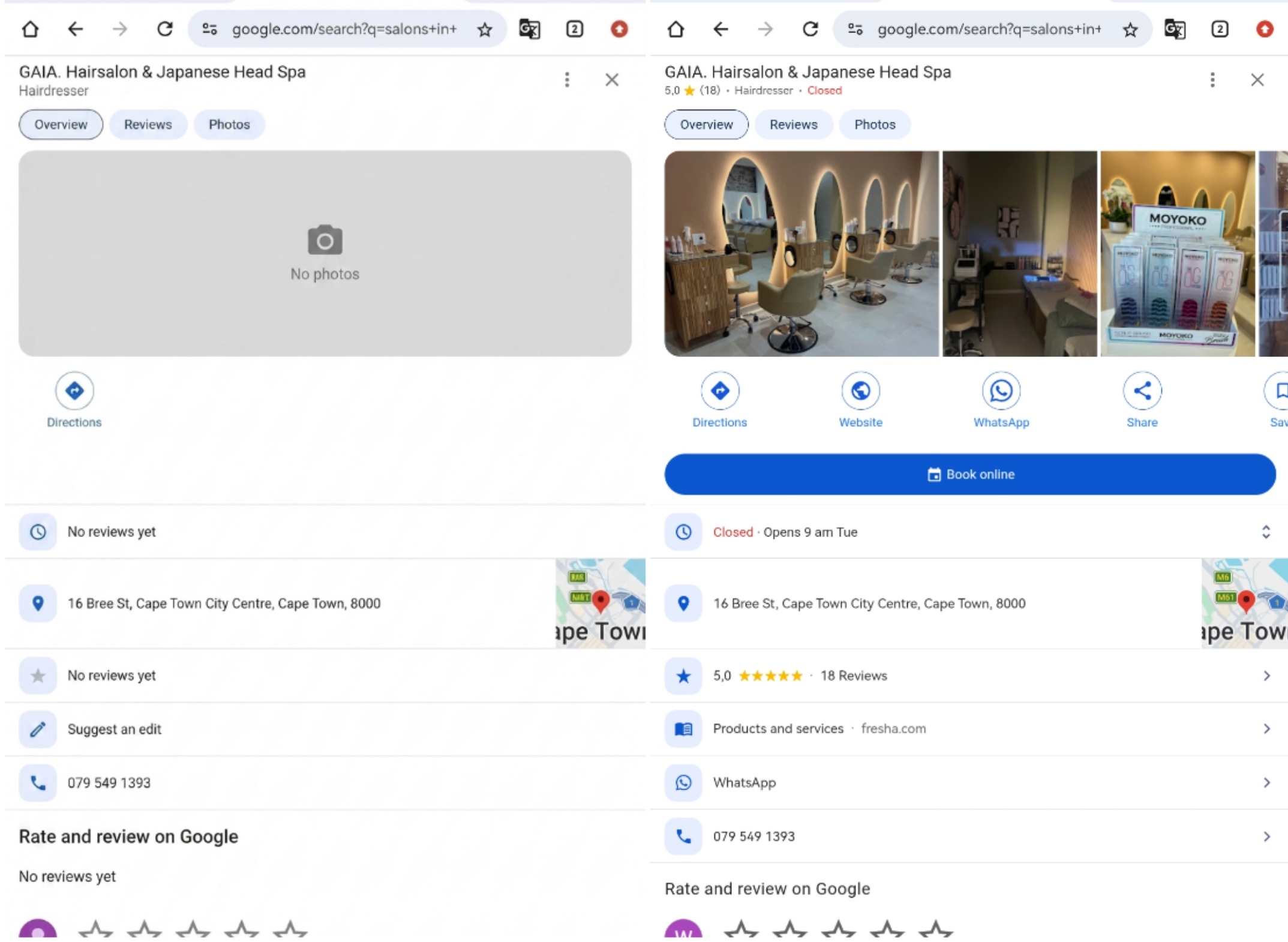 Before and after Google Business Profile for GAIA Hairsalon and Japanese Head Spa in Cape Town City Centre