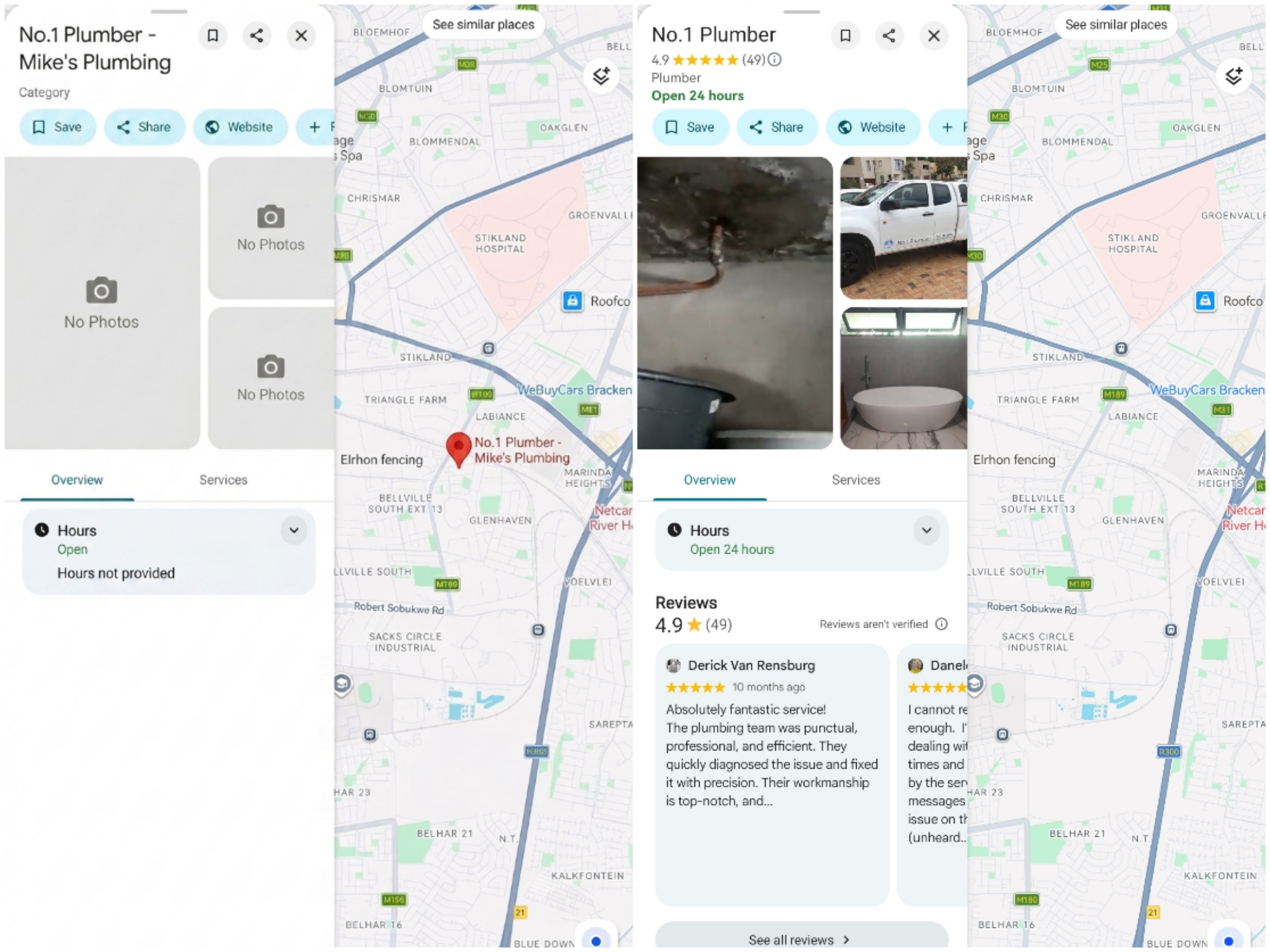 Before and after Google Business Profile for No.1 Plumber Mikes Plumbing in Bellville Cape Town showing 4.9 stars and 49 reviews